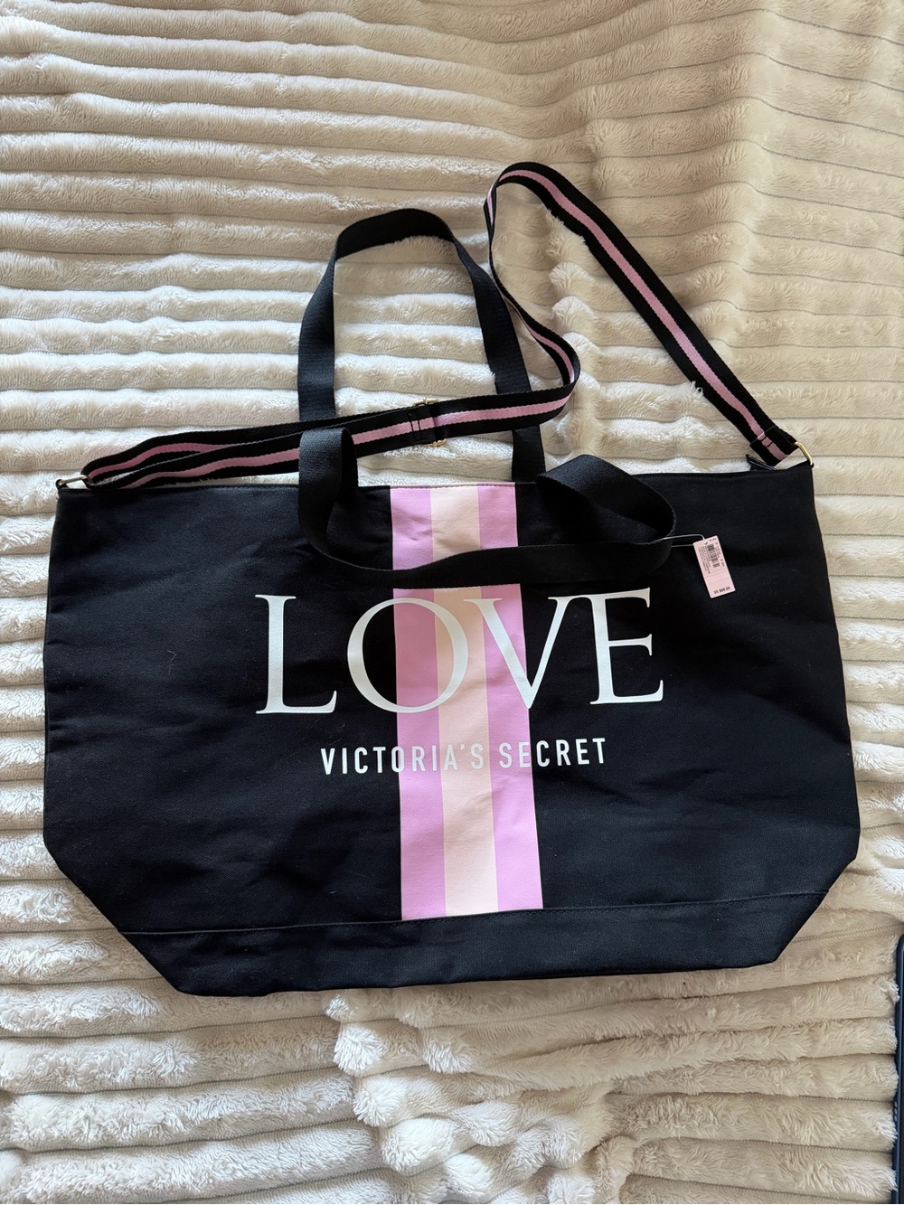 Victoria's Secret Black Tote with Pink Stripes and LOVE Graphic